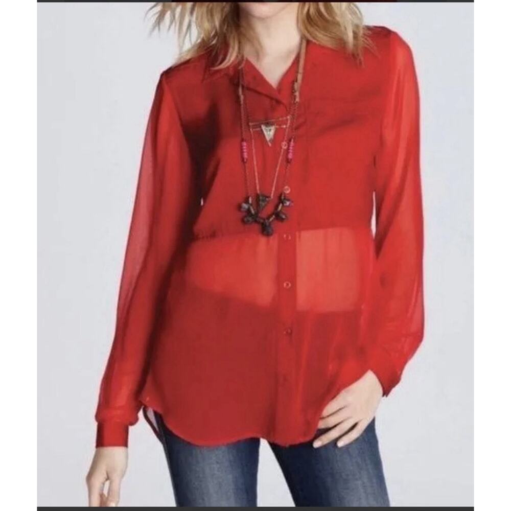 Free People Top Women Medium Red Long-sleeve Sheer Button Split Back Shirt
